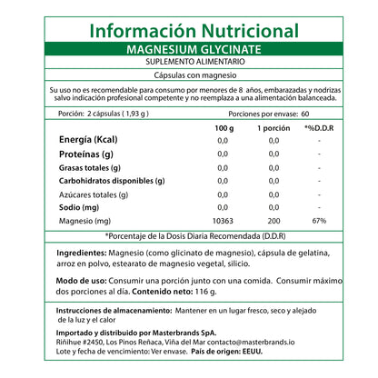 Glicinato de Magnesio 200 mg -  60 Cápsulas